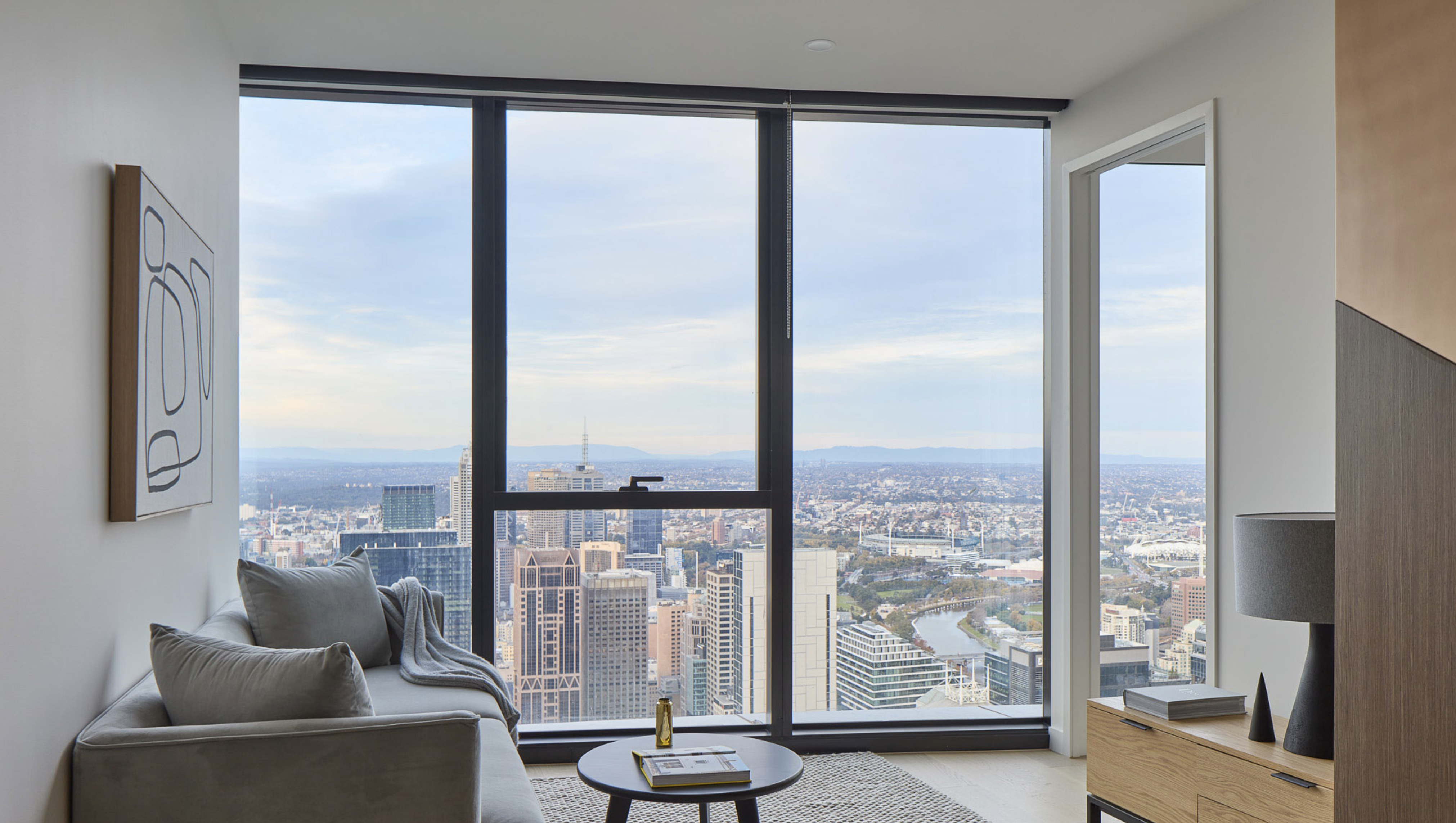 Premier Tower's living room with view.